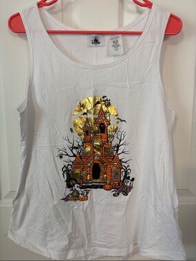 Disney White Tank Top with Gold Moon and Orange Haunted House